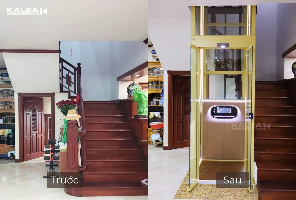 Ảnh thực tế công trình tại Bắc Ninh trước và sau khi lắp đặt thang máy không hố pít Kalea X50 Limited 